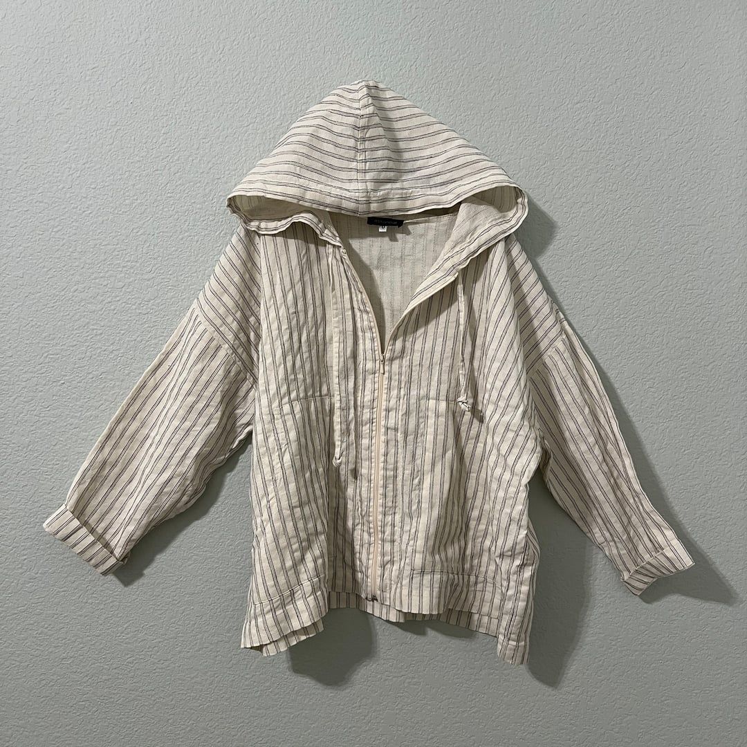 Eskandar Off White Linen Hemp Striped Hooded Zip-Up Jacket Size 0 Oversize